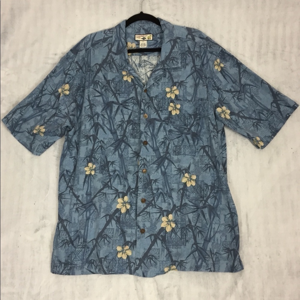 Caribbean Joe Silk Hawaiian Shirt Mens XXL Blue Bamboo Pattern Wooden Buttons